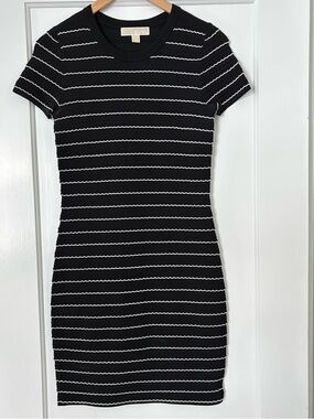 Michael Kors Black Mini Dress with White Scalloped Stripes